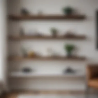 Modern floating shelves displaying decorative items in a minimalist living room setting