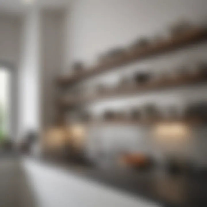 Stylish open shelving in a contemporary kitchen showcasing organized dishes