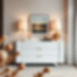 A sleek skinny white dresser in a modern living room setting with decorative elements.