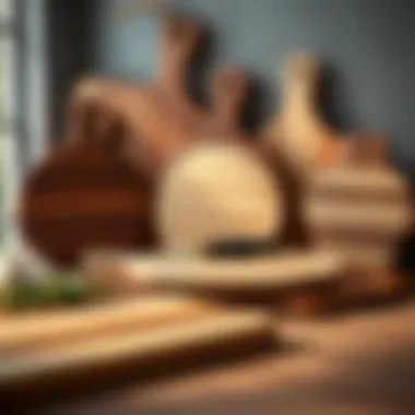 A selection of various soft wood cutting boards arranged artistically