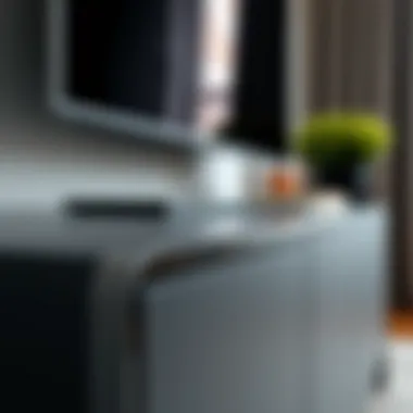 Detailing of Solid Black TV Stand Close-up of black TV stand showcasing its sleek finish and design details