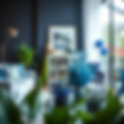 A striking arrangement of blue fake plants in a modern living room setting, showcasing their vibrant hues and textures.