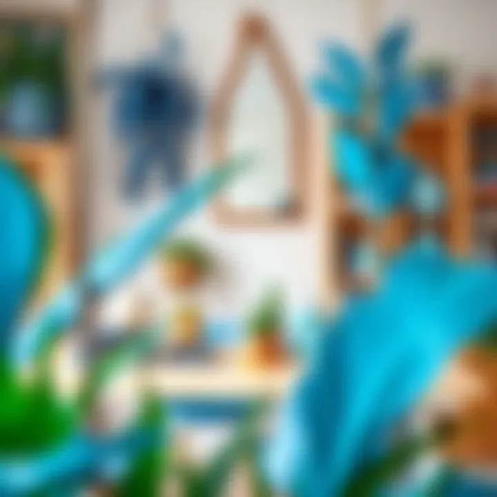 An eclectic decor scheme featuring blue fake plants, illustrating their integration into various styles and themes.