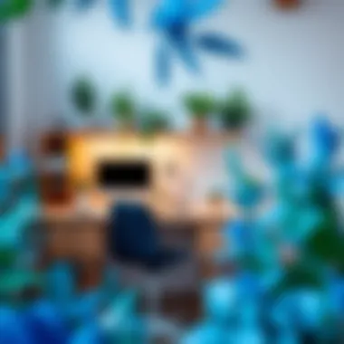 A serene workspace adorned with blue fake plants, showcasing their ability to enhance ambiance and inspire creativity.