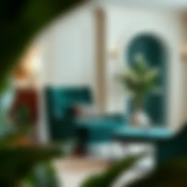 An emerald green lounge chair as a focal point in an elegant home office