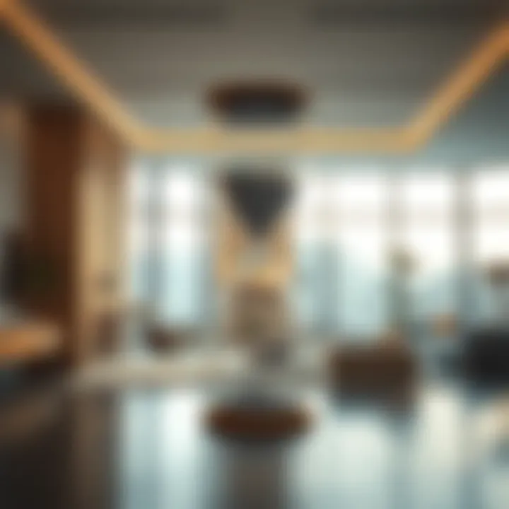 Modern interior featuring a giant hourglass as a focal point