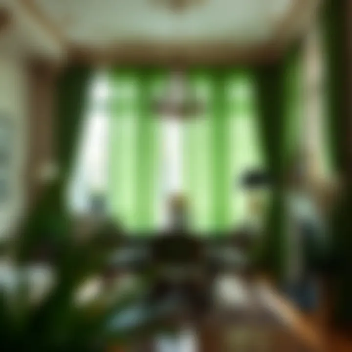 Charming dining area enhanced by vibrant green curtains