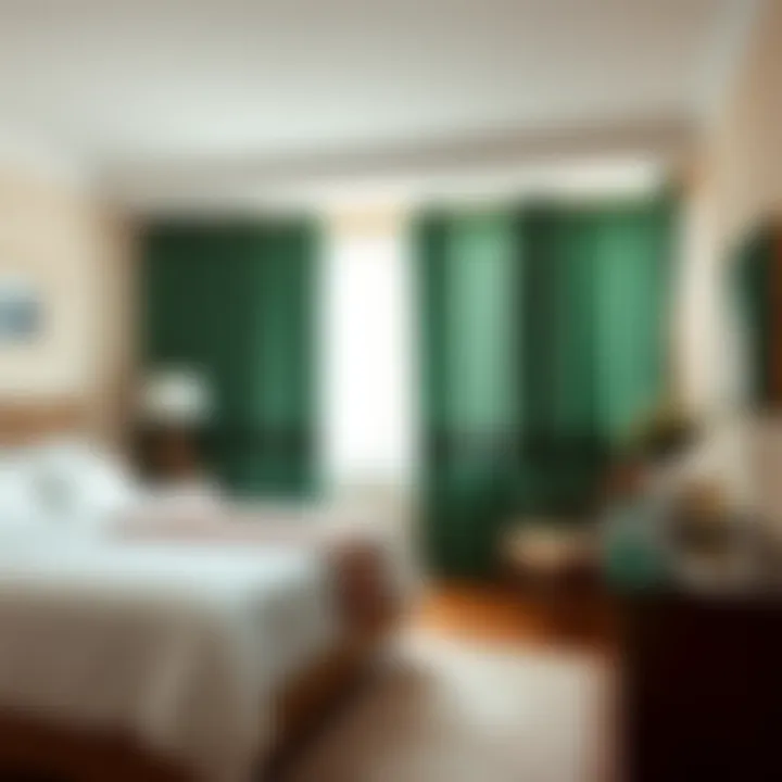 Stylish bedroom adorned with deep green curtains