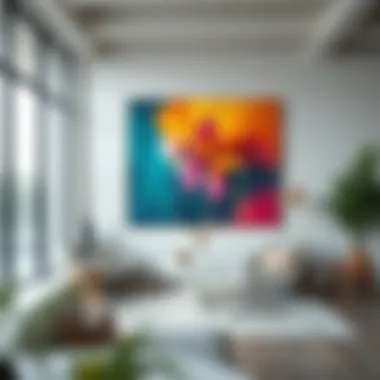 A vibrant large canvas artwork displayed in a modern interior