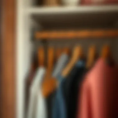 Organized wardrobe with wooden hangers displaying garments