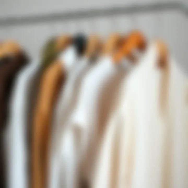 Stylish outfits displayed on hangers, emphasizing minimalist design.