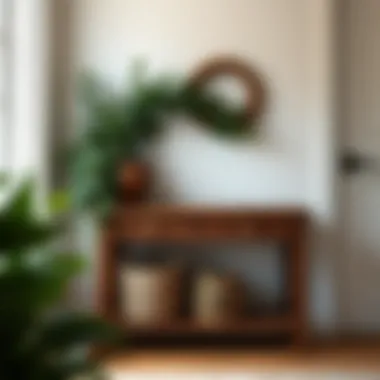 Rustic style narrow entryway table adorned with greenery