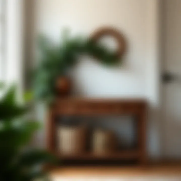 Rustic style narrow entryway table adorned with greenery