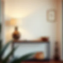 Sophisticated narrow entryway table with decorative items