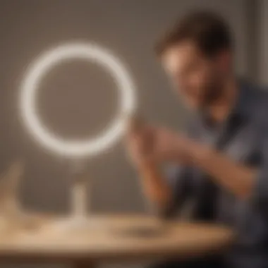 User interacting with a ring light phone clip during a creative shoot