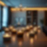 Elegant arrangement of small tea light holders illuminating a modern dining table