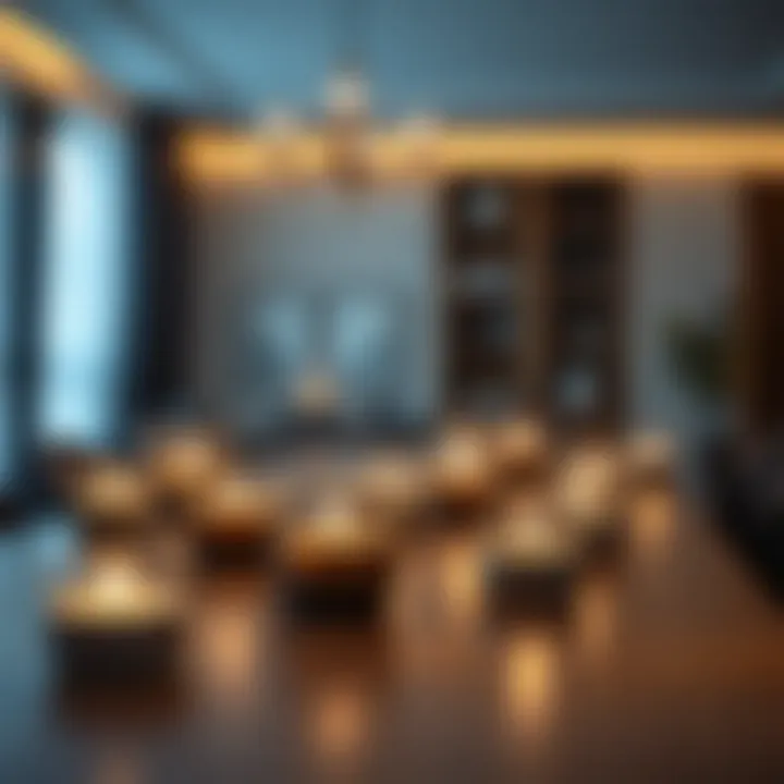 Illuminated Elegance: Tea Lights on a Dining Table Elegant arrangement of small tea light holders illuminating a modern dining table