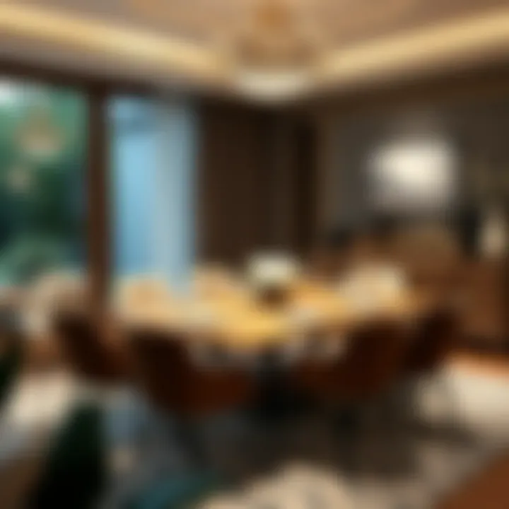 Elegant decor around an eight-person square dining table