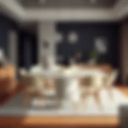 Stylish eight-person square dining table set in a modern home