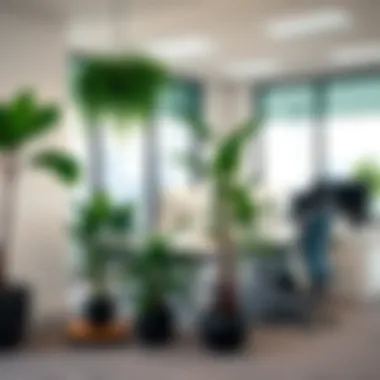 A modern office space adorned with artificial plants for a fresh ambiance