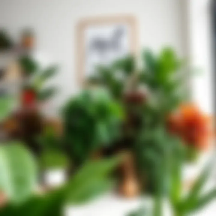 A vibrant collection of artificial indoor plants arranged in a stylish living room setting