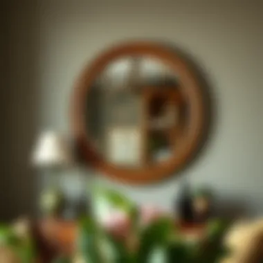Round oak mirror as a focal point in a vintage-inspired room