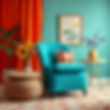 Artistic arrangement of turquoise blue chair with colorful accessories