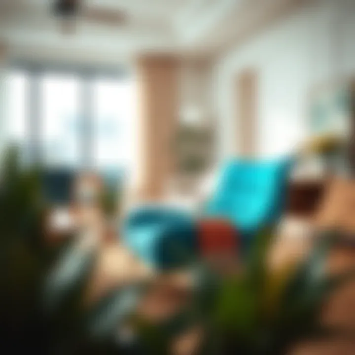 Stylish turquoise blue chair in a modern living room setting