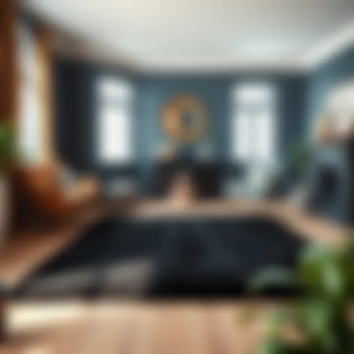 Chic black rug adding depth to a vibrant room