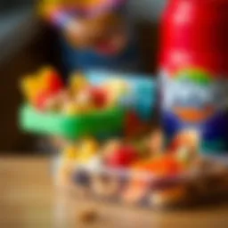 Colorful array of snacks in two-compartment container