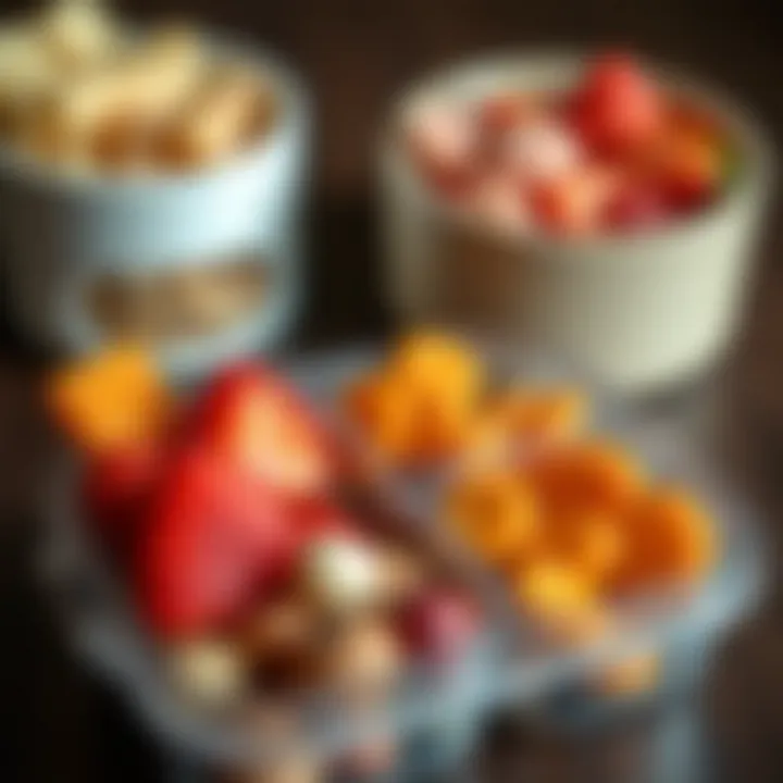 Close-up of healthy snacks separated in two sections