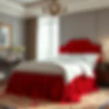 Elegant red king bedskirt draping elegantly over the bed frame, enhancing bedroom decor