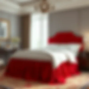 Elegant red king bedskirt draping elegantly over the bed frame, enhancing bedroom decor