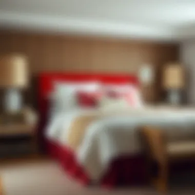 A beautifully styled bedroom featuring a red king bedskirt complementing various bedding styles