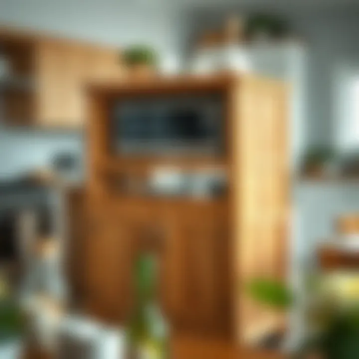 Functional use of a pine microwave cart in a stylish kitchen setting